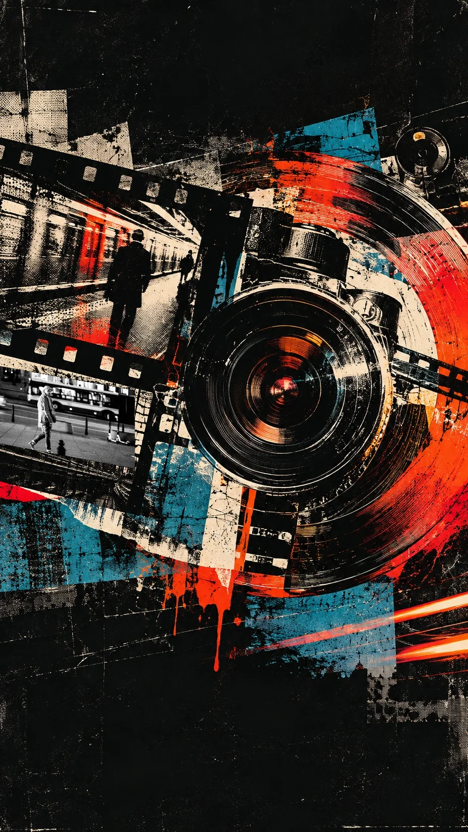 Kolaż analogowego obrazu, obiektywu i klatek filmowych w czerwieni, czerni i cyjanie